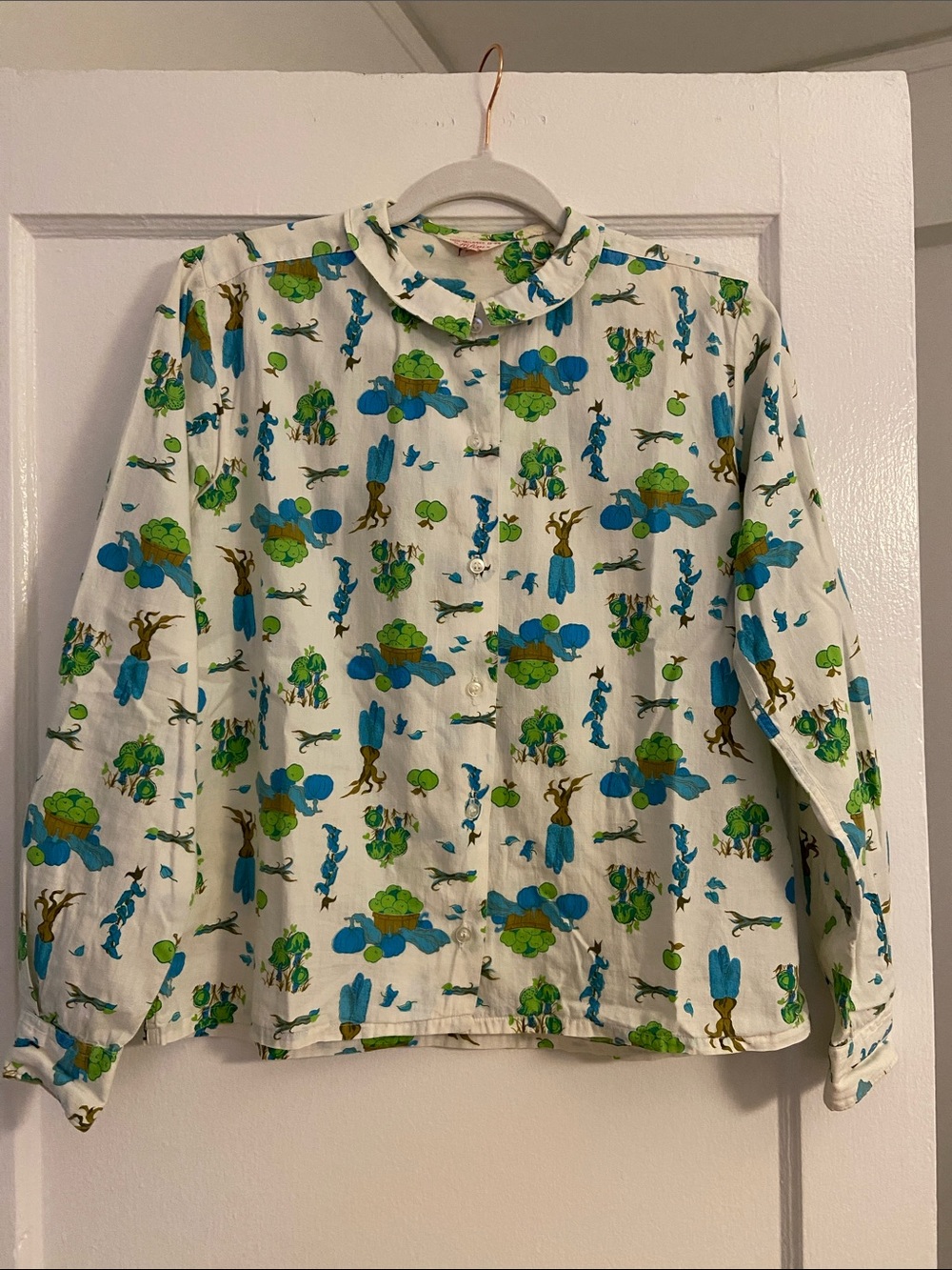 Vintage Novelty Print Blouse, Cotton, Blue & Green Fruit, by Helene, 1950s